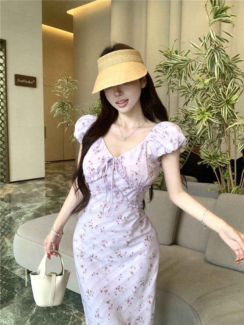 디자인 센스 연령 감소 꽃무늬 거품 소매 여성 드레스 여름 새로운 허리 수축 작은 대중 한 부서 한 마디 롱 스커트 상세 이미지 9