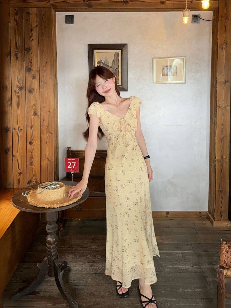 디자인 센스 연령 감소 꽃무늬 거품 소매 여성 드레스 여름 새로운 허리 수축 작은 대중 한 부서 한 마디 롱 스커트 상세 이미지 17