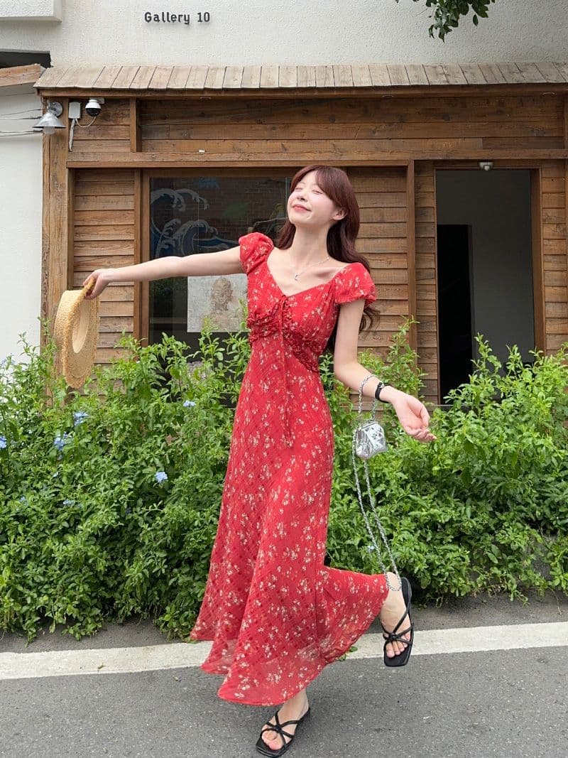디자인 센스 연령 감소 꽃무늬 거품 소매 여성 드레스 여름 새로운 허리 수축 작은 대중 한 부서 한 마디 롱 스커트 상세 이미지 28