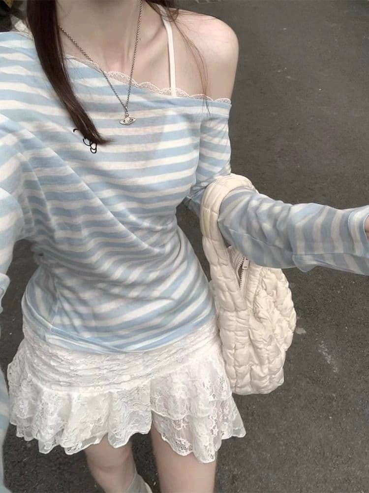 원본 주간 실크 비스듬한 어깨 주간 실크 자외선 차단 긴팔 티셔츠 여성 여름 Tulle 블라우스 오프숄더 맨위 이미지 3