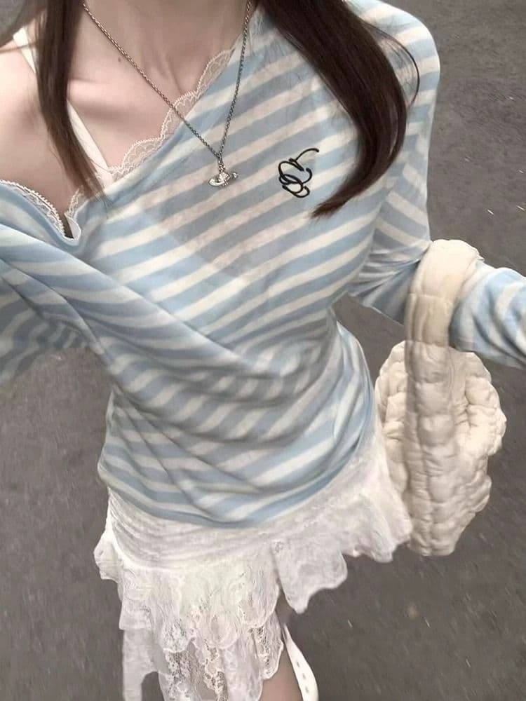 원본 주간 실크 비스듬한 어깨 주간 실크 자외선 차단 긴팔 티셔츠 여성 여름 Tulle 블라우스 오프숄더 맨위 이미지 4