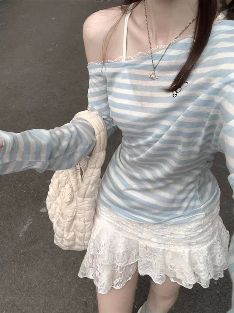 원본 주간 실크 비스듬한 어깨 주간 실크 자외선 차단 긴팔 티셔츠 여성 여름 Tulle 블라우스 오프숄더 맨위 상세 이미지 1