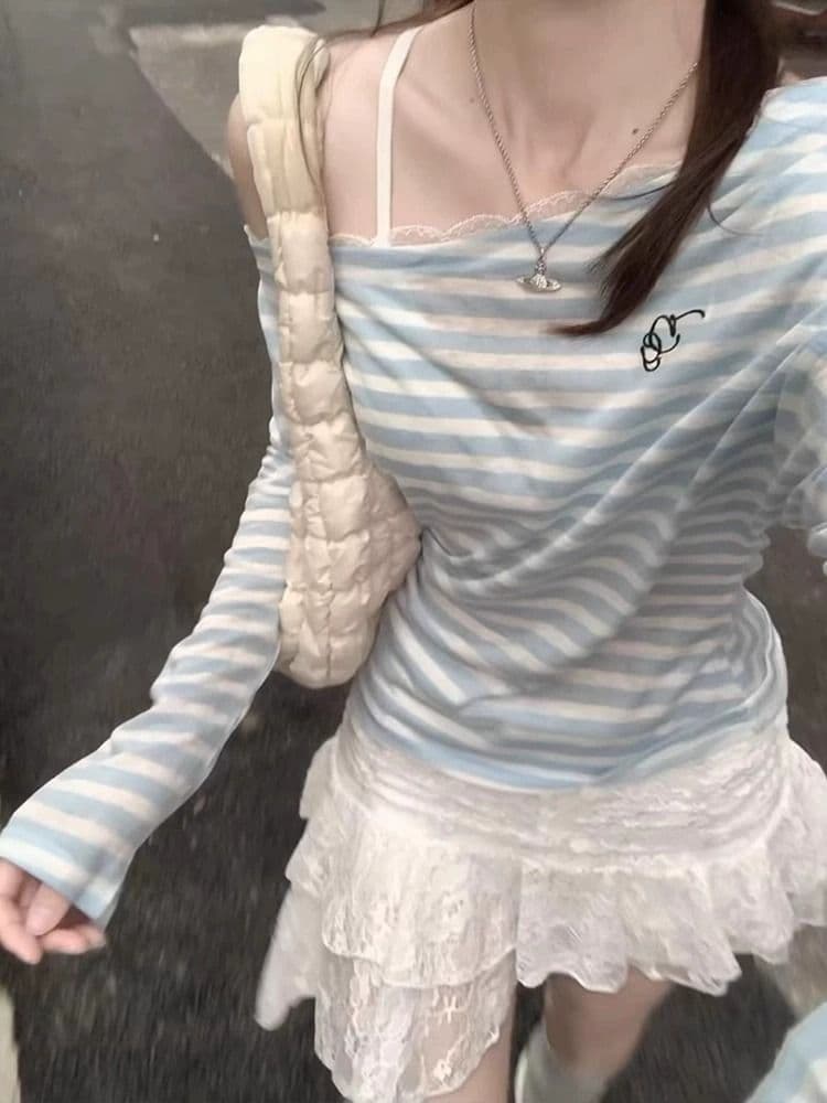 원본 주간 실크 비스듬한 어깨 주간 실크 자외선 차단 긴팔 티셔츠 여성 여름 Tulle 블라우스 오프숄더 맨위 상세 이미지 4