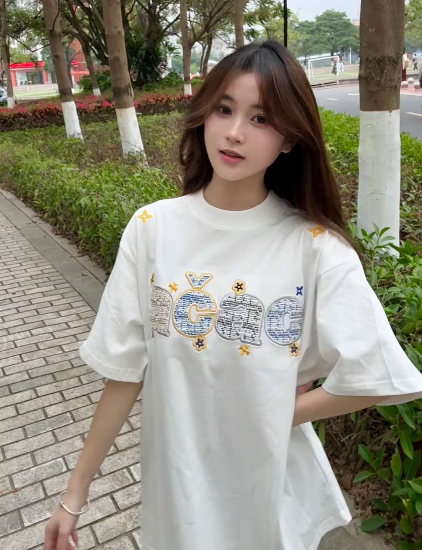 작은 샤넬 스타일 자수 패치 네리 가게 천 19 지점 220 그램 순면 반팔 티셔츠 여성 상세 이미지 8