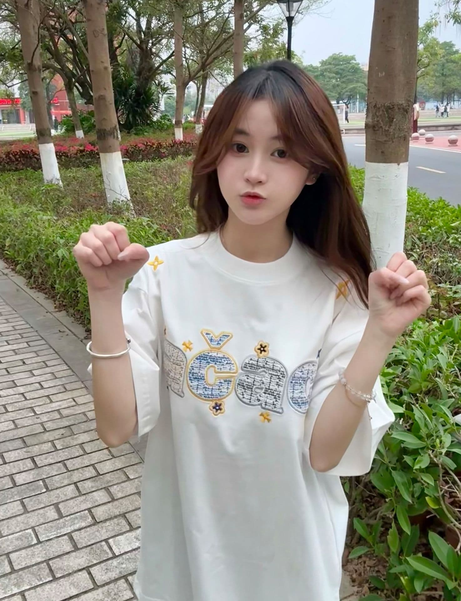 작은 샤넬 스타일 자수 패치 네리 가게 천 19 지점 220 그램 순면 반팔 티셔츠 여성 상세 이미지 9