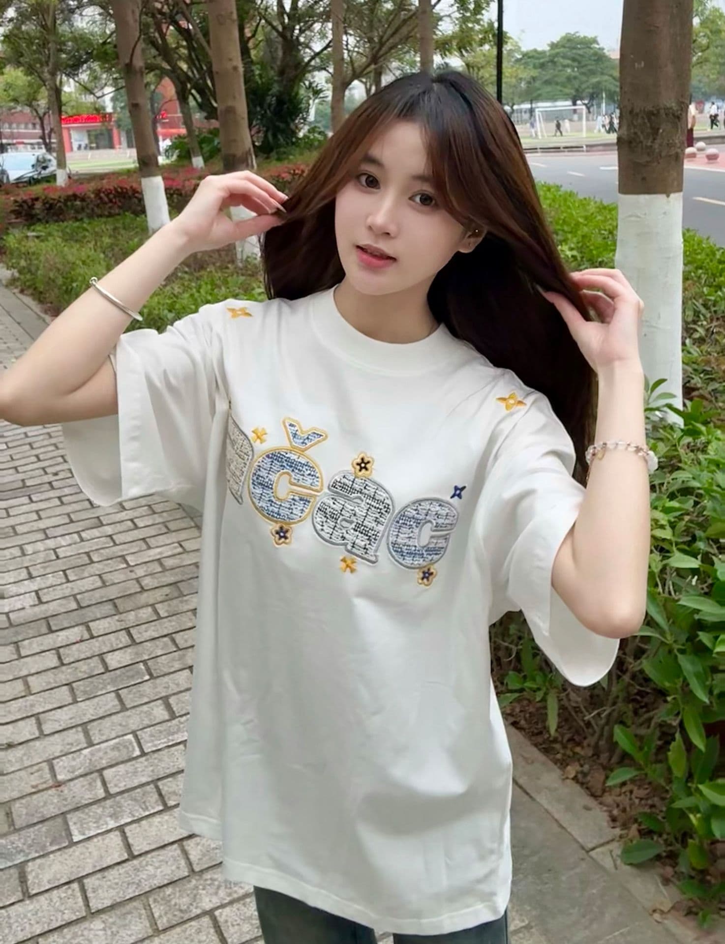 작은 샤넬 스타일 자수 패치 네리 가게 천 19 지점 220 그램 순면 반팔 티셔츠 여성 상세 이미지 10