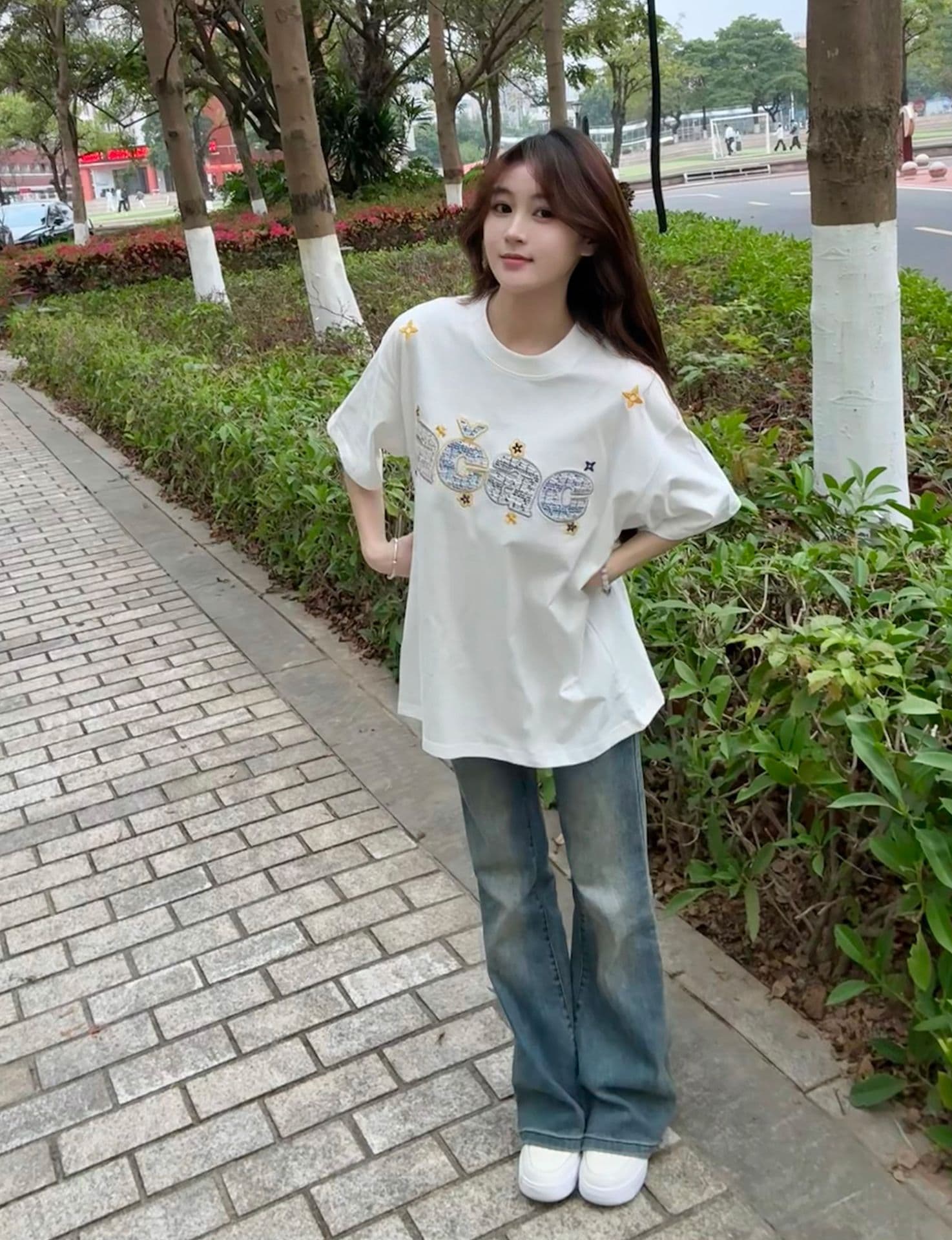 작은 샤넬 스타일 자수 패치 네리 가게 천 19 지점 220 그램 순면 반팔 티셔츠 여성 상세 이미지 11