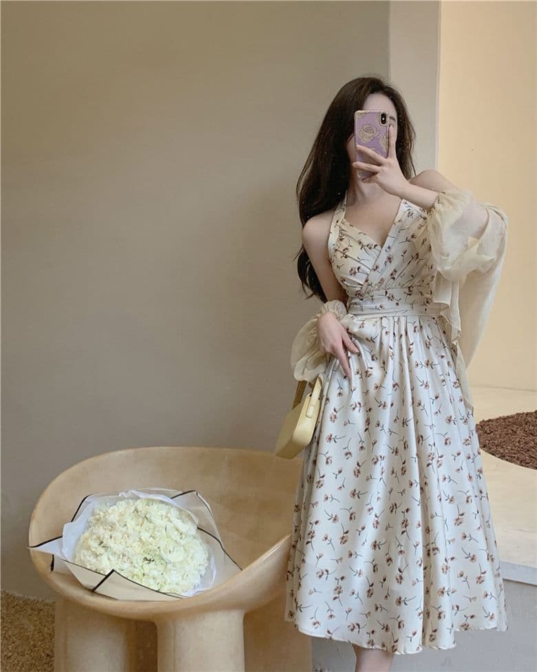 작은 키 여름 행침 목 꽃무늬 디자인 센스 새로운 치마 요정 치마 품격 프랑스식 슬림해 보이는 허리 수축 드레스 상세 이미지 11