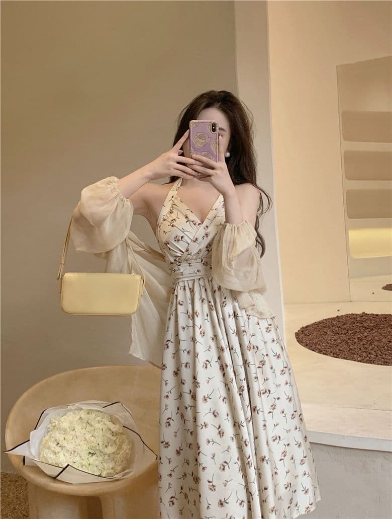 작은 키 여름 행침 목 꽃무늬 디자인 센스 새로운 치마 요정 치마 품격 프랑스식 슬림해 보이는 허리 수축 드레스 상세 이미지 12