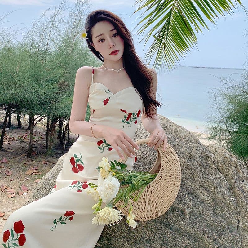 프랑스식 꽃무늬 슬립 드레스 고급 센스 새틴 드레스 롱 스커트 여성 여름 레트로 장미 품격 치마