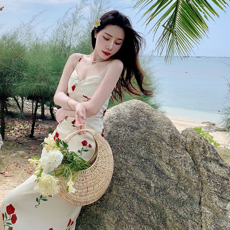 프랑스식 꽃무늬 슬립 드레스 고급 센스 새틴 드레스 롱 스커트 여성 여름 레트로 장미 품격 치마 이미지 5