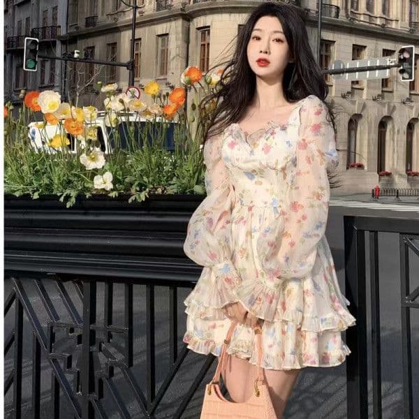 도망자 공주 슈퍼 요정 꽃무늬 여성 드레스 가을 의상 새로운 프랑스식 보트넥 슬림해 보이는 품격 퍼프 짧은 치마 이미지 3