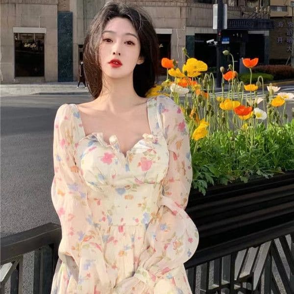 도망자 공주 슈퍼 요정 꽃무늬 여성 드레스 가을 의상 새로운 프랑스식 보트넥 슬림해 보이는 품격 퍼프 짧은 치마 상세 이미지 2