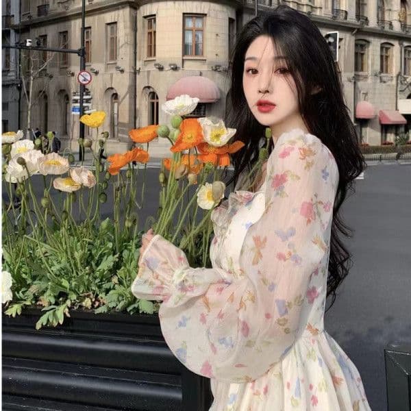 도망자 공주 슈퍼 요정 꽃무늬 여성 드레스 가을 의상 새로운 프랑스식 보트넥 슬림해 보이는 품격 퍼프 짧은 치마 상세 이미지 3