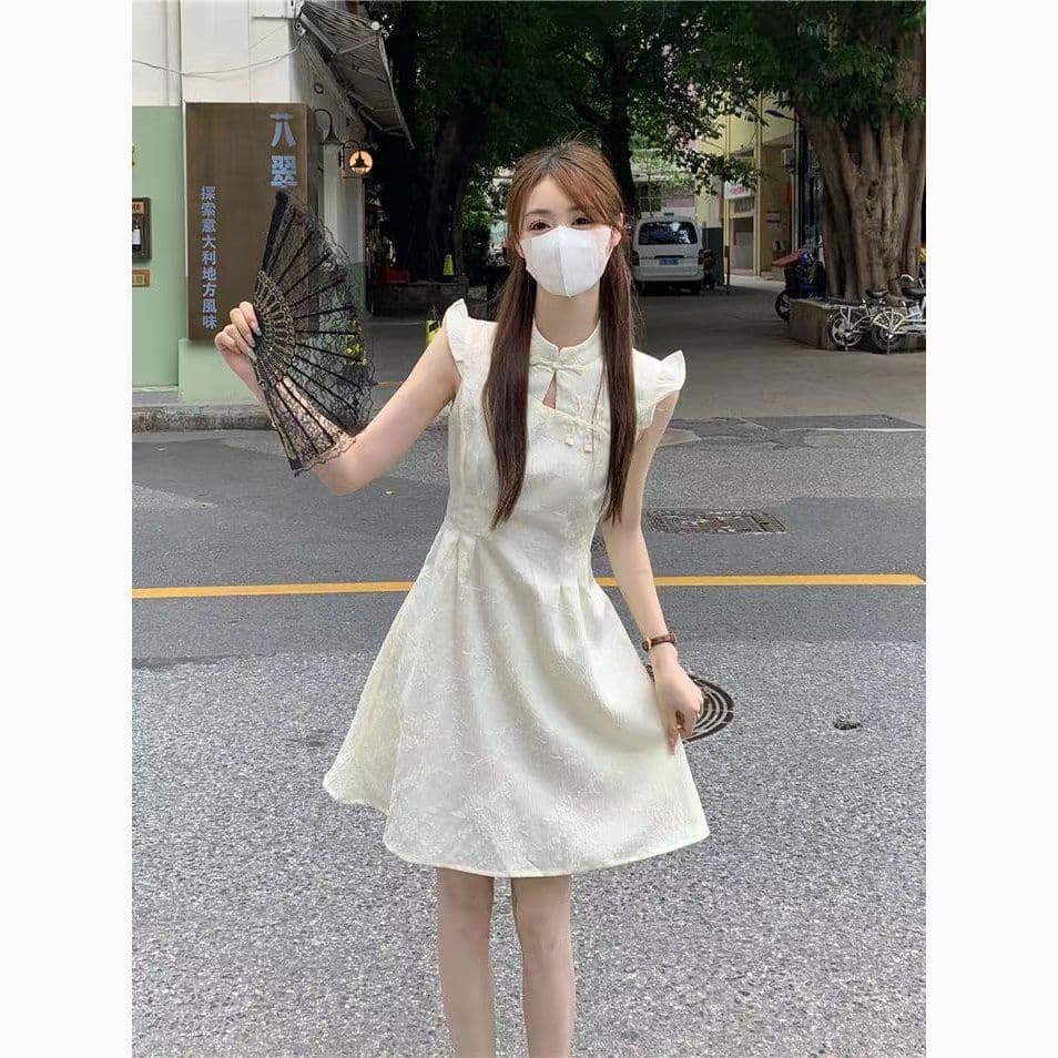 올해 인기 ~ 중 새로운 중식 개선 치파오 드레스 영 섹션 허리 수축 고급 센스 자카드 Feifei 소매 드레스 여름 상세 이미지 9