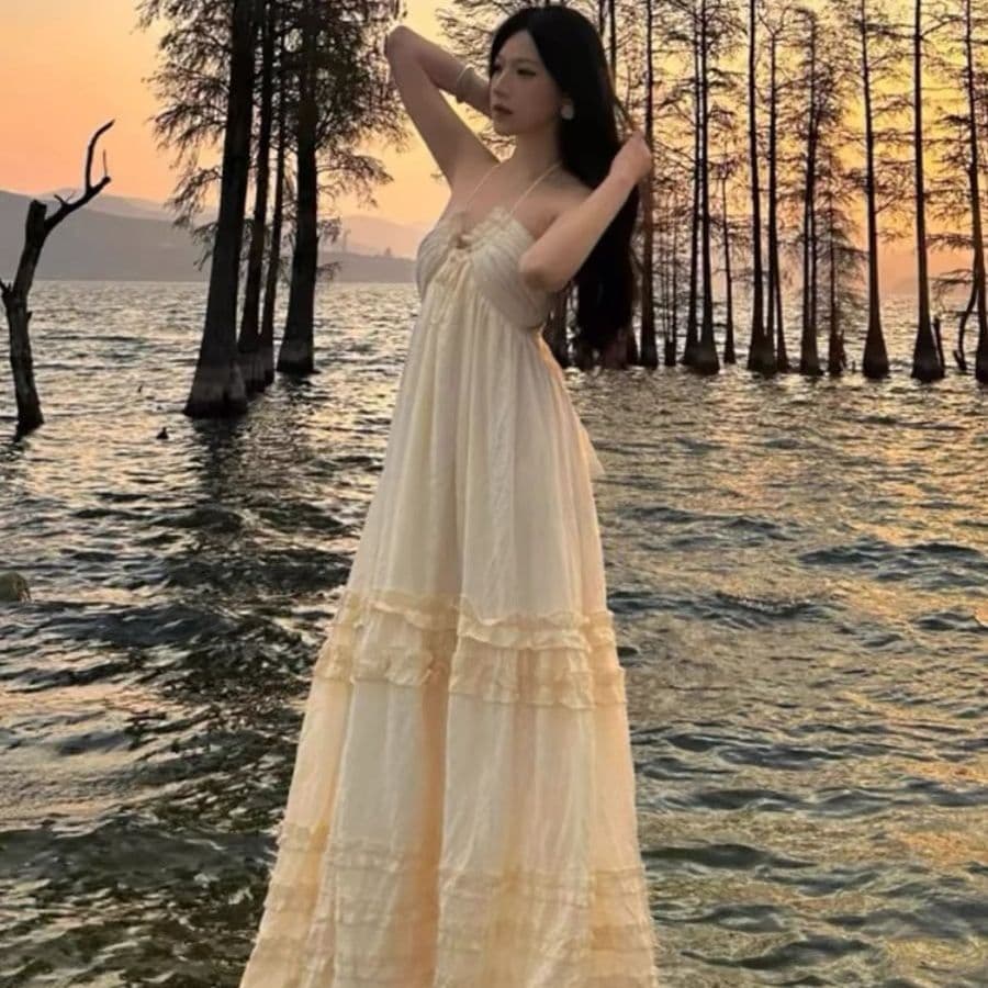 프랑스식 섹시함 순수한 욕망 바람 슬립 행침 목 드레스 여름 품격 달콤함 롱 스커트 부드러운 바람 백리스 케이크 드레스 상세 이미지 1
