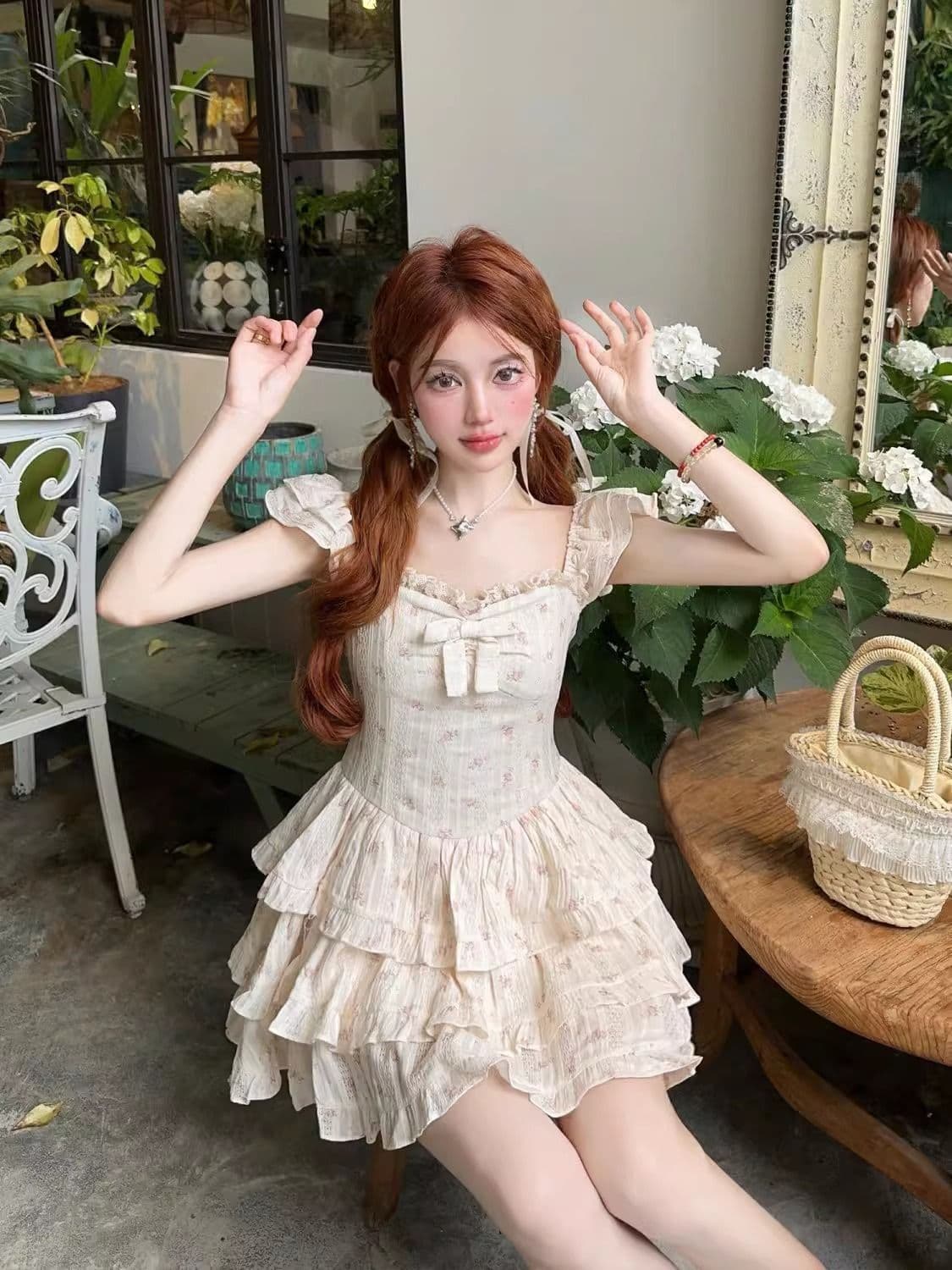 달콤한 핫걸 작은 날다 소매 꽃무늬 여성 드레스 여름 첫사랑 작은 키 공주 케이크 드레스 허리 수축 퍼프 치마 이미지 2