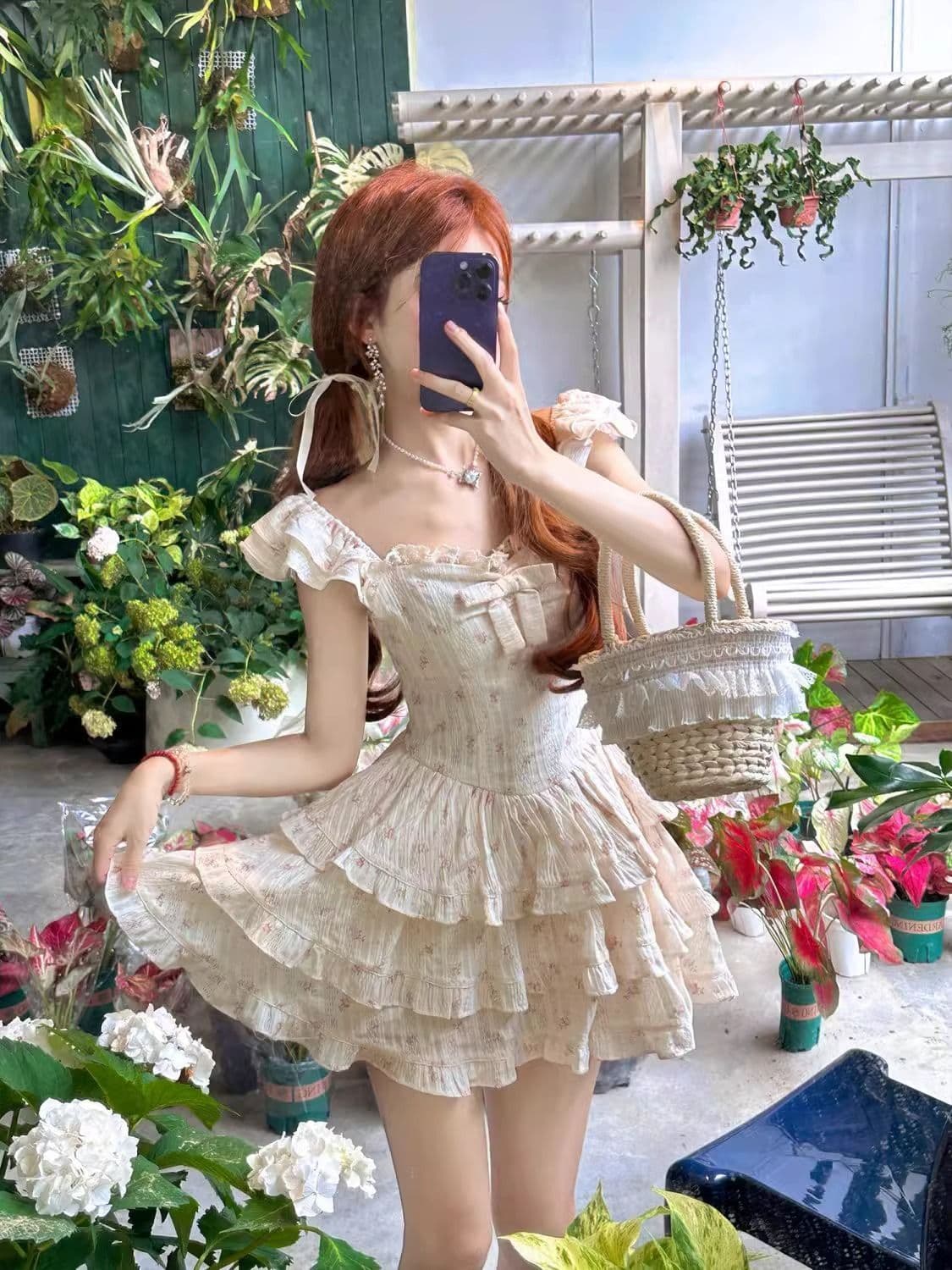 달콤한 핫걸 작은 날다 소매 꽃무늬 여성 드레스 여름 첫사랑 작은 키 공주 케이크 드레스 허리 수축 퍼프 치마 상세 이미지 1