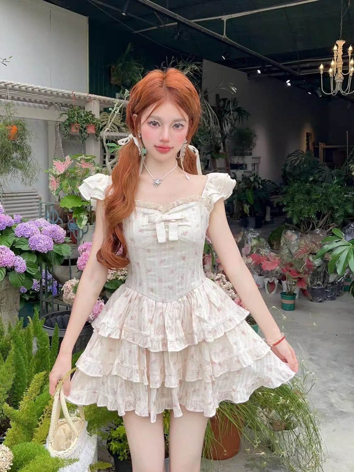 달콤한 핫걸 작은 날다 소매 꽃무늬 여성 드레스 여름 첫사랑 작은 키 공주 케이크 드레스 허리 수축 퍼프 치마 상세 이미지 2