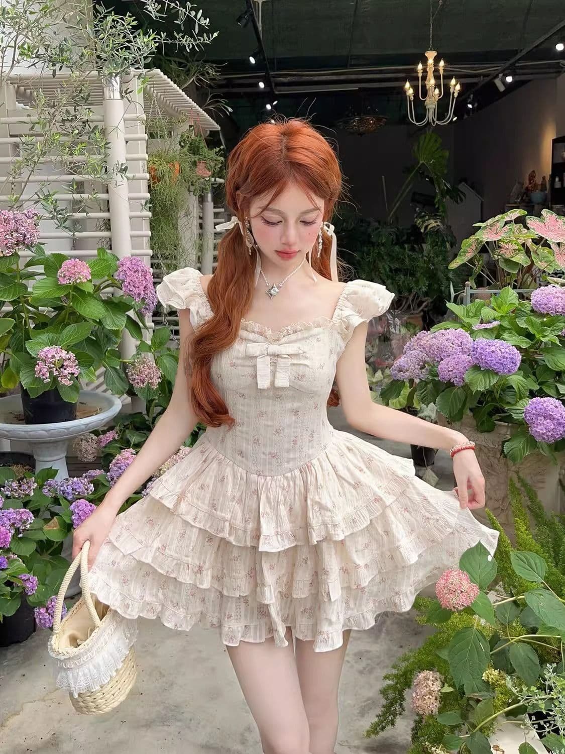 달콤한 핫걸 작은 날다 소매 꽃무늬 여성 드레스 여름 첫사랑 작은 키 공주 케이크 드레스 허리 수축 퍼프 치마 상세 이미지 3