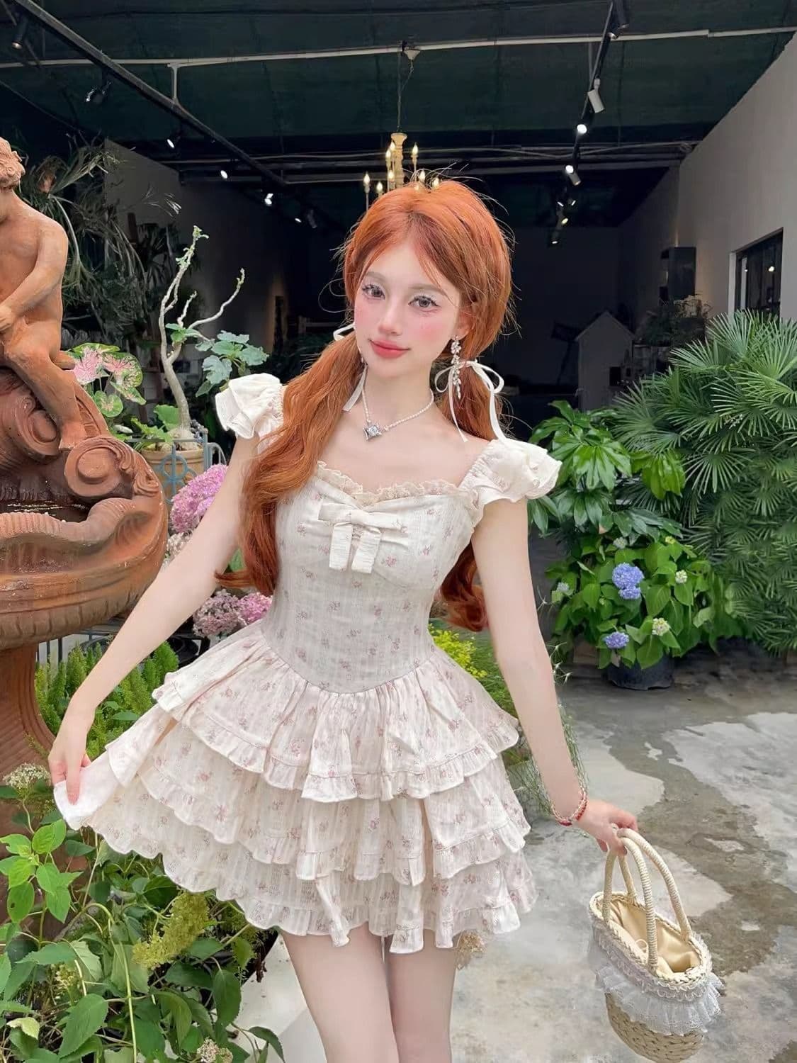 달콤한 핫걸 작은 날다 소매 꽃무늬 여성 드레스 여름 첫사랑 작은 키 공주 케이크 드레스 허리 수축 퍼프 치마 상세 이미지 4