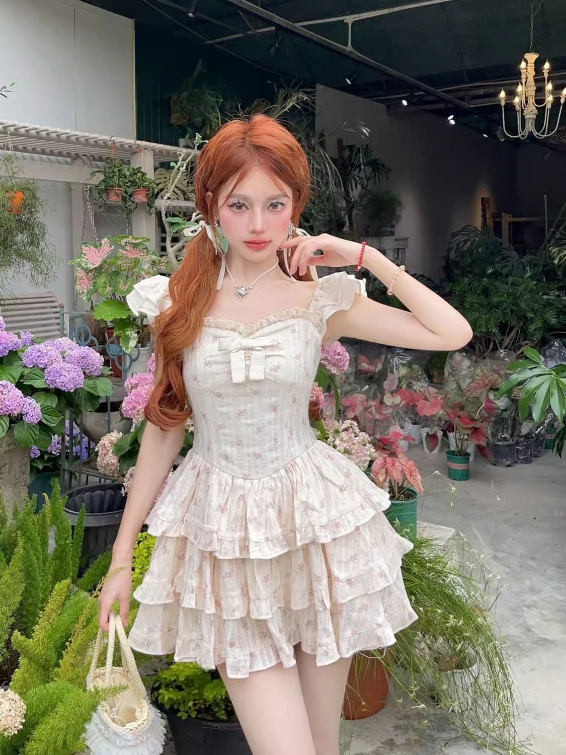 달콤한 핫걸 작은 날다 소매 꽃무늬 여성 드레스 여름 첫사랑 작은 키 공주 케이크 드레스 허리 수축 퍼프 치마 상세 이미지 6