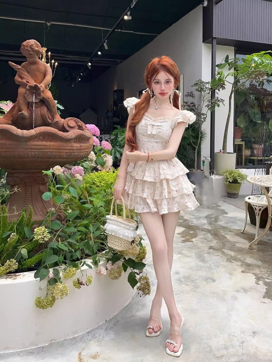 달콤한 핫걸 작은 날다 소매 꽃무늬 여성 드레스 여름 첫사랑 작은 키 공주 케이크 드레스 허리 수축 퍼프 치마 상세 이미지 7