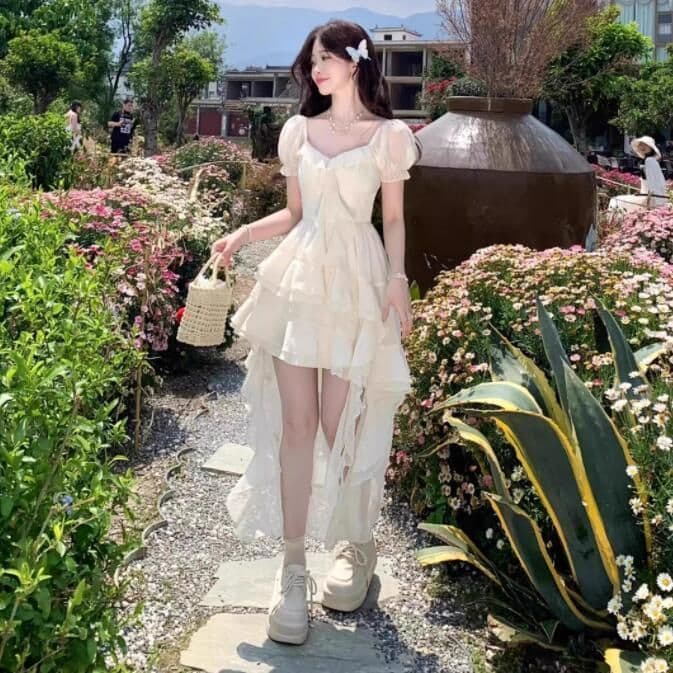 여름 한국 스타일 새로운 요정 바람 휴가 불규칙 치마 품격 슬림해 보이는 앞이 짧고 뒤가 길다 드레스 미니 스커트 여성 요정 상세 이미지 1