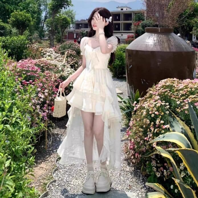 여름 한국 스타일 새로운 요정 바람 휴가 불규칙 치마 품격 슬림해 보이는 앞이 짧고 뒤가 길다 드레스 미니 스커트 여성 요정 상세 이미지 2