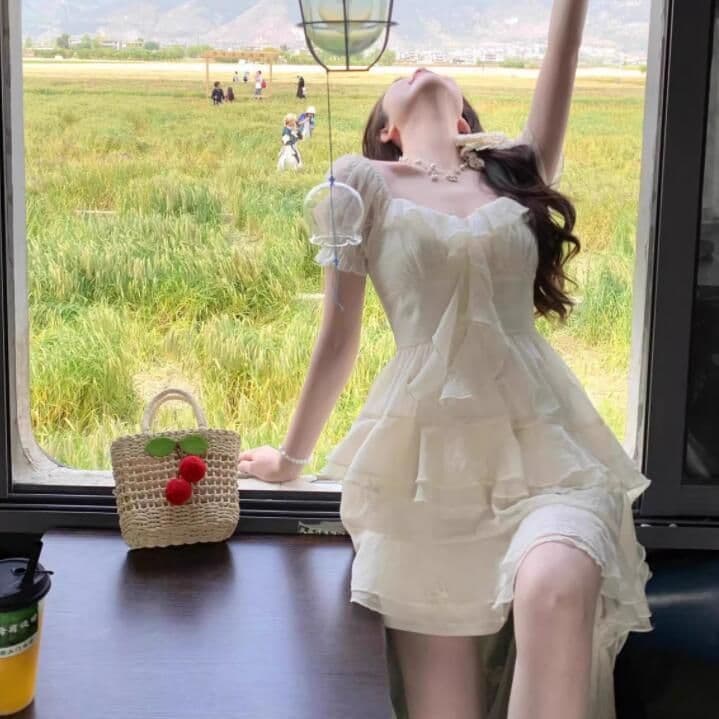 여름 한국 스타일 새로운 요정 바람 휴가 불규칙 치마 품격 슬림해 보이는 앞이 짧고 뒤가 길다 드레스 미니 스커트 여성 요정 상세 이미지 3