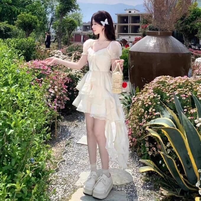 여름 한국 스타일 새로운 요정 바람 휴가 불규칙 치마 품격 슬림해 보이는 앞이 짧고 뒤가 길다 드레스 미니 스커트 여성 요정 상세 이미지 5