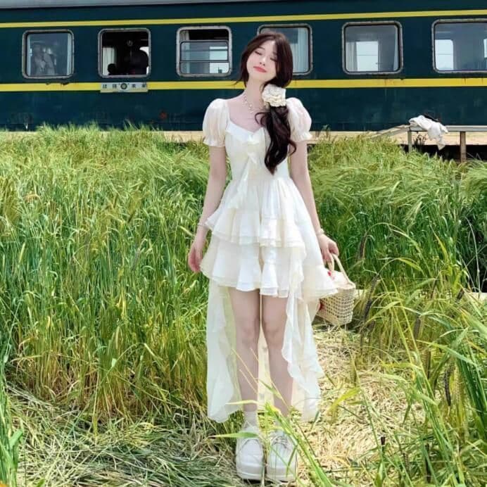 여름 한국 스타일 새로운 요정 바람 휴가 불규칙 치마 품격 슬림해 보이는 앞이 짧고 뒤가 길다 드레스 미니 스커트 여성 요정 상세 이미지 9