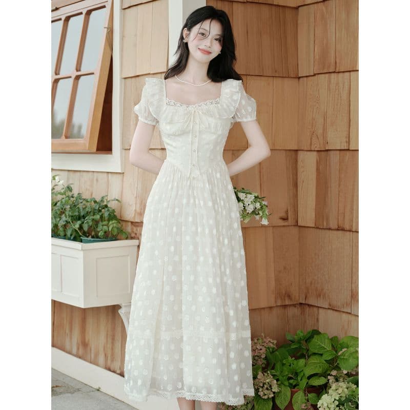 프랑스식 부드러운 바람 프릴 살구 색상 여성 드레스 2026 새로운 달콤함 슈퍼 요정 나비 매듭 공주 드레스 롱 스커트 상세 이미지 2