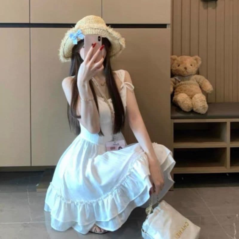 달콤함 데이트 소녀 드레스 허리 수축 슬림해 보이는 레이스 슬립 드레스 Chic 품격 부드러운 화이트 슈퍼 요정 미니 스커트 이미지 2