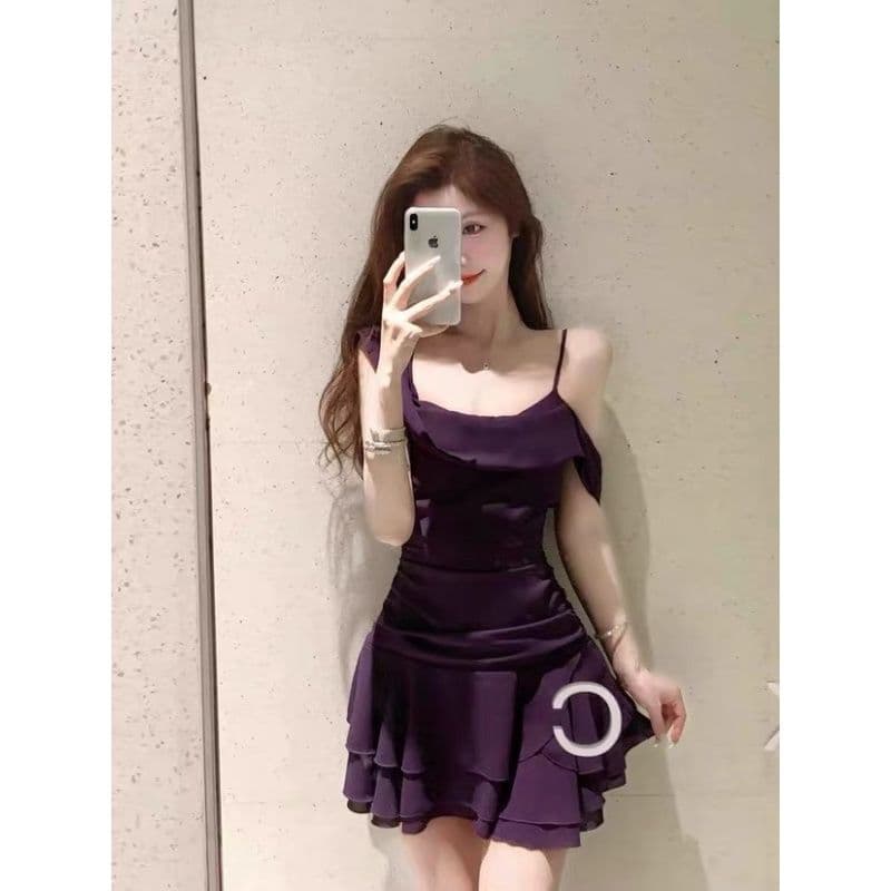 디자인 센스 빛 요리 한 바람 드레스 여름 새로운 슬립 몸매 가꾸기 슬림해 보이는 불규칙 프릴 품격 짧은 치마 이미지 3