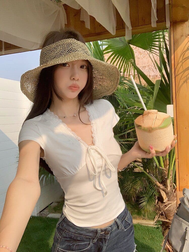 여름 달콤함 디스플레이 화이트 도파민 소녀 착용 가져 가라. 반팔 맨위 둘 색상 프랑스식 다용도 쇼트 스타일 몸매 가꾸기 티셔츠 여성 상세 이미지 6