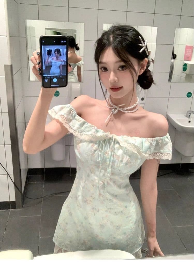 여름 작은 청신 박하 녹색 드레스 작은 날다 소매 레이스 측면 몸매 가꾸기 슬림해 보이는 꽃무늬 품격 짧은 치마 상세 이미지 1