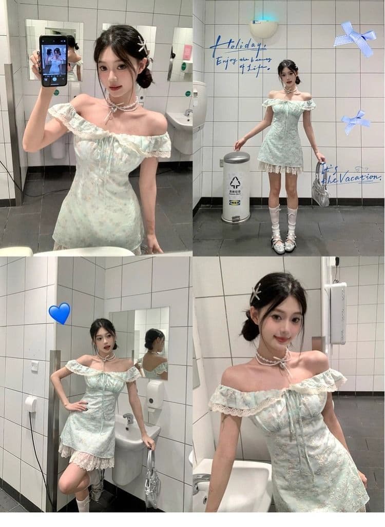 여름 작은 청신 박하 녹색 드레스 작은 날다 소매 레이스 측면 몸매 가꾸기 슬림해 보이는 꽃무늬 품격 짧은 치마 상세 이미지 5
