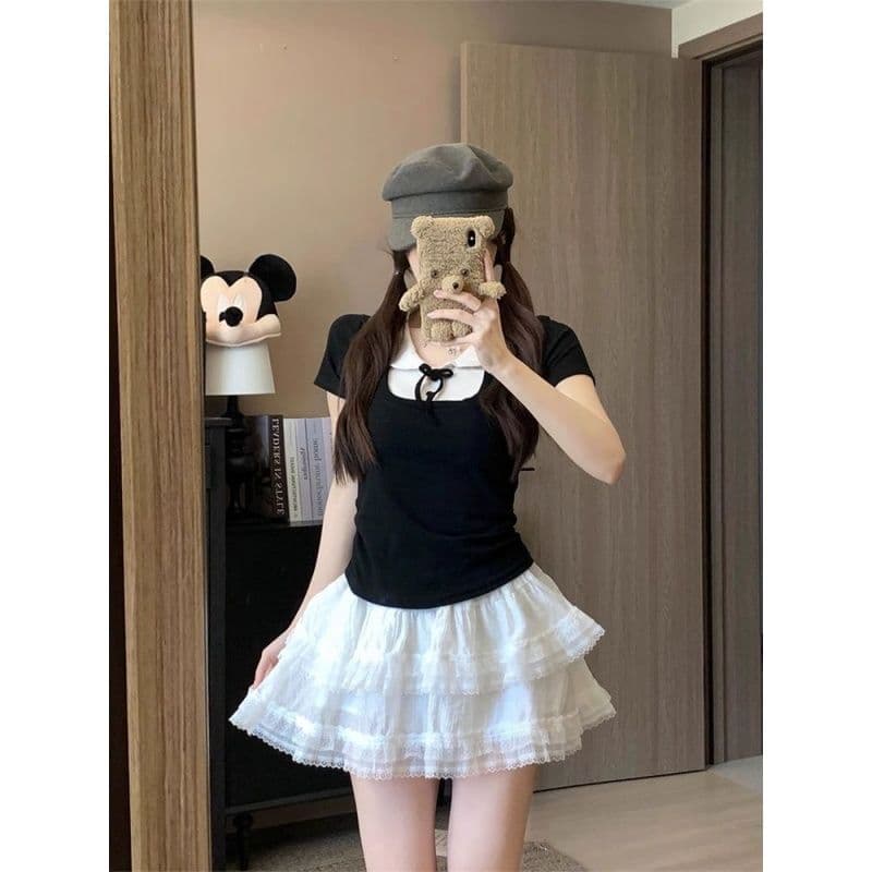 순수한 욕망 바람 소녀 여름 반팔 맨위 2026 새로운 슬림해 보이는 검정색 베이비 칼라 몸매 가꾸기 다용도 허리 수축 티셔츠 이미지 3
