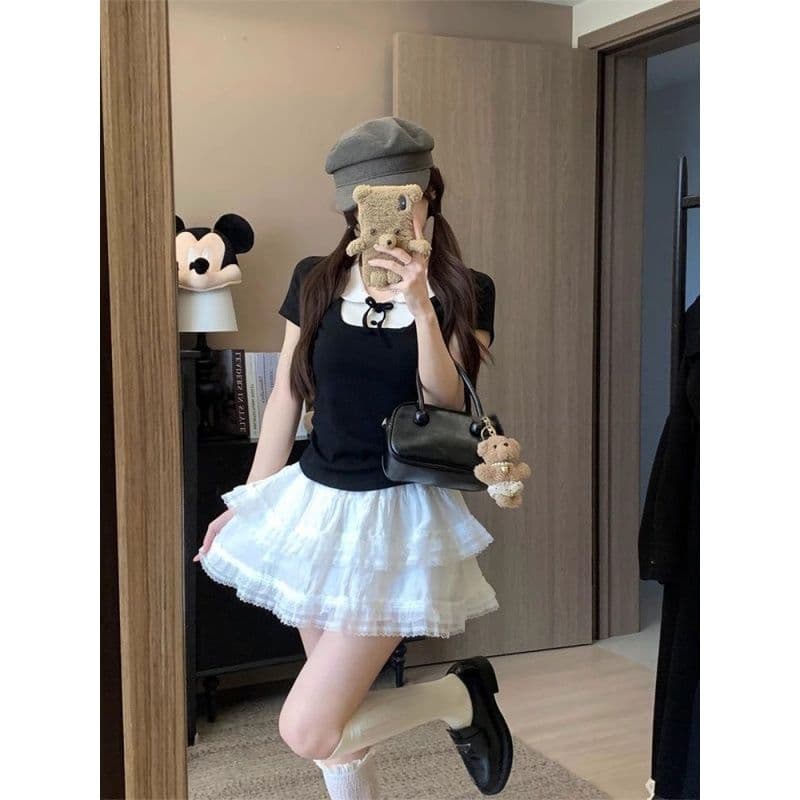 순수한 욕망 바람 소녀 여름 반팔 맨위 2026 새로운 슬림해 보이는 검정색 베이비 칼라 몸매 가꾸기 다용도 허리 수축 티셔츠 상세 이미지 5