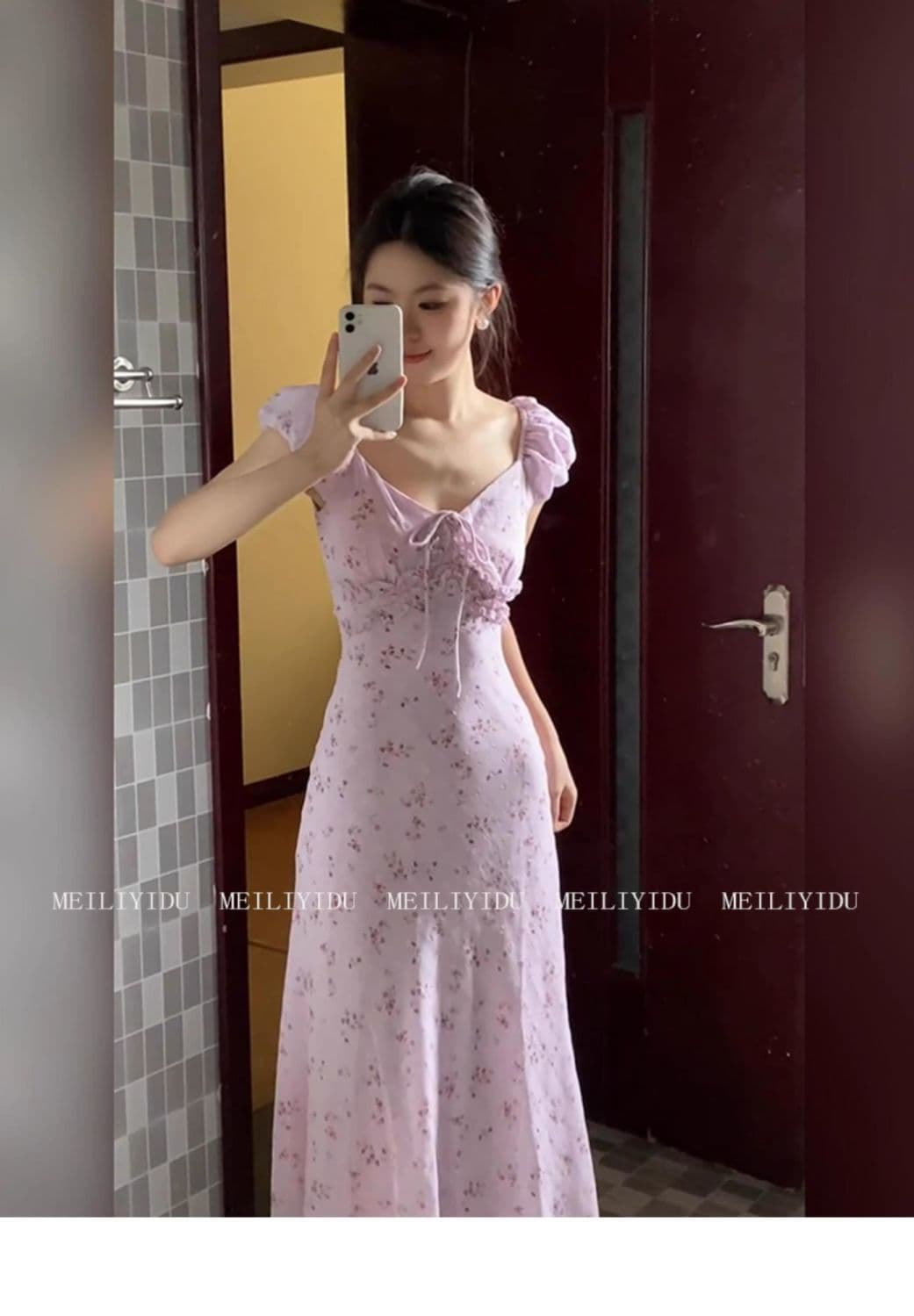 프랑스식 부드러운 바람 보라색 꽃무늬 드레스 아이들 여름 2026 새로운 작은 키 품격 허리 수축 길다 치마 이미지 2