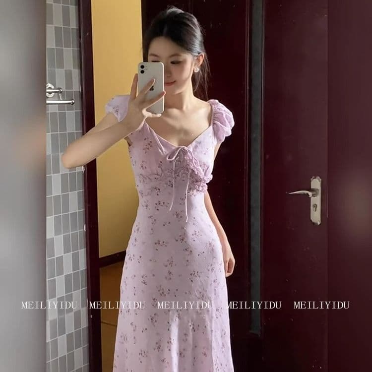 프랑스식 부드러운 바람 보라색 꽃무늬 드레스 아이들 여름 2026 새로운 작은 키 품격 허리 수축 길다 치마 상세 이미지 1