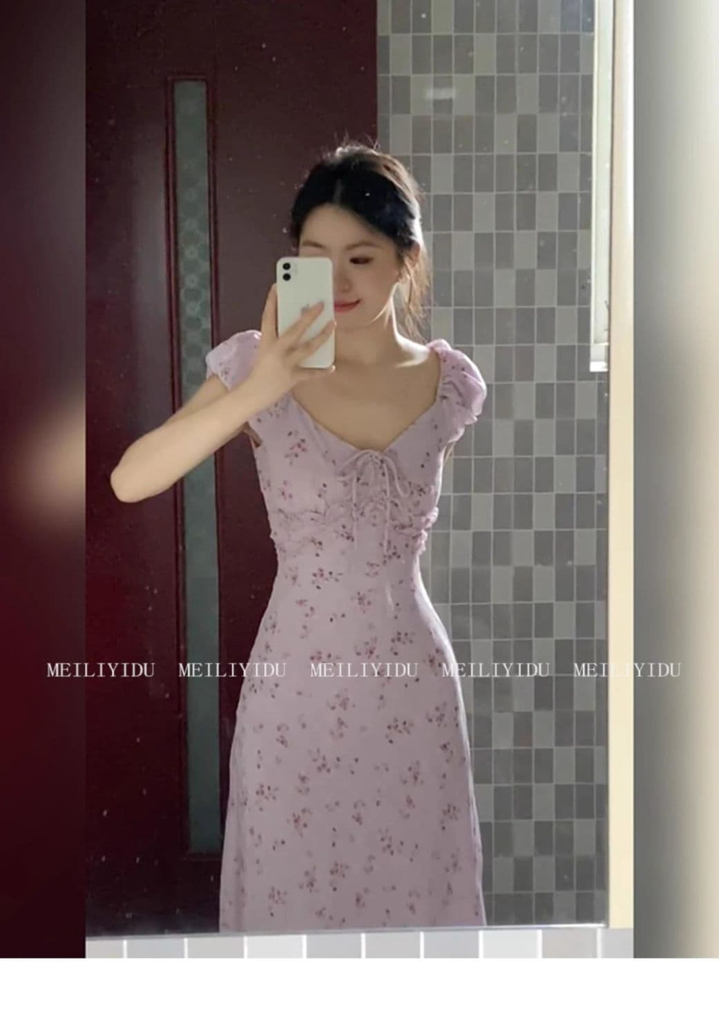 프랑스식 부드러운 바람 보라색 꽃무늬 드레스 아이들 여름 2026 새로운 작은 키 품격 허리 수축 길다 치마 상세 이미지 2