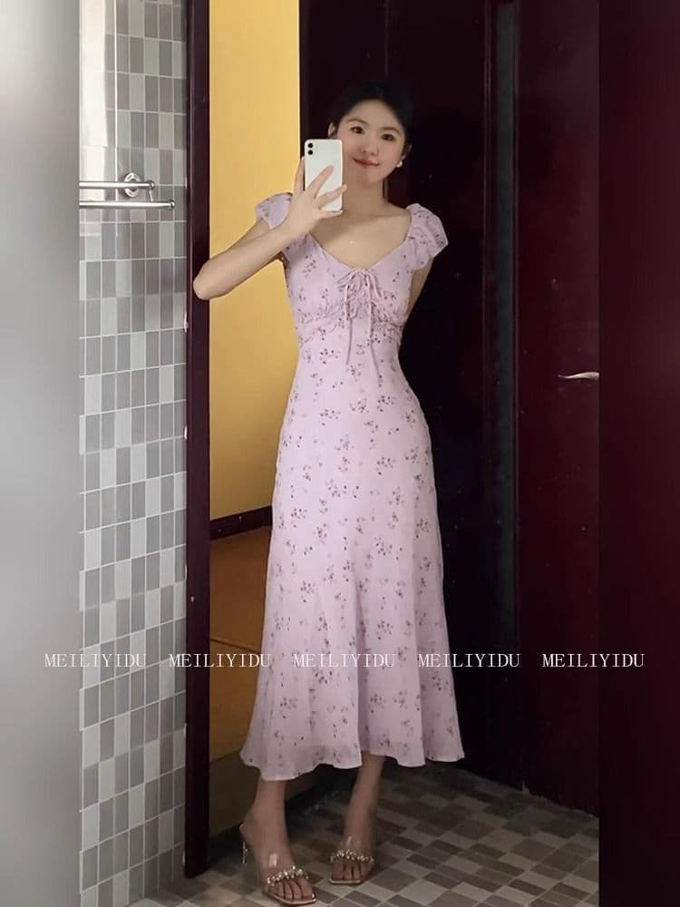 프랑스식 부드러운 바람 보라색 꽃무늬 드레스 아이들 여름 2026 새로운 작은 키 품격 허리 수축 길다 치마 상세 이미지 6