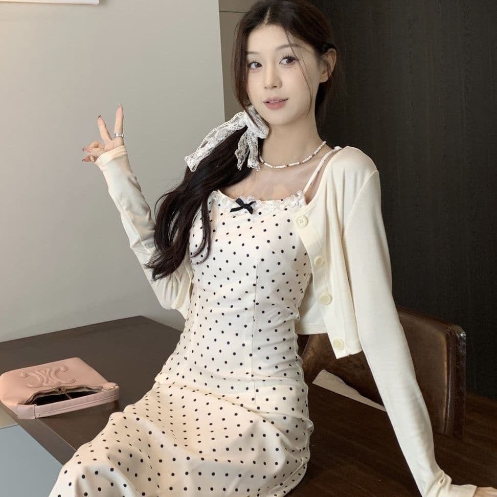 프랑스식 슬립 나비 매듭 도트 무늬 드레스 여름 2026 새로운 작은 키 품격 허리 수축 투피스 슈트 여성 상세 이미지 1