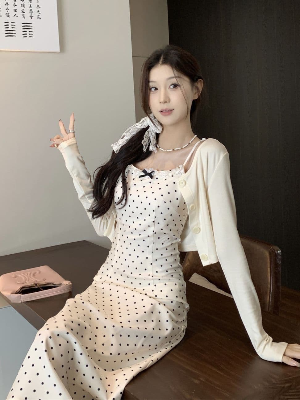 프랑스식 슬립 나비 매듭 도트 무늬 드레스 여름 2026 새로운 작은 키 품격 허리 수축 투피스 슈트 여성 상세 이미지 3