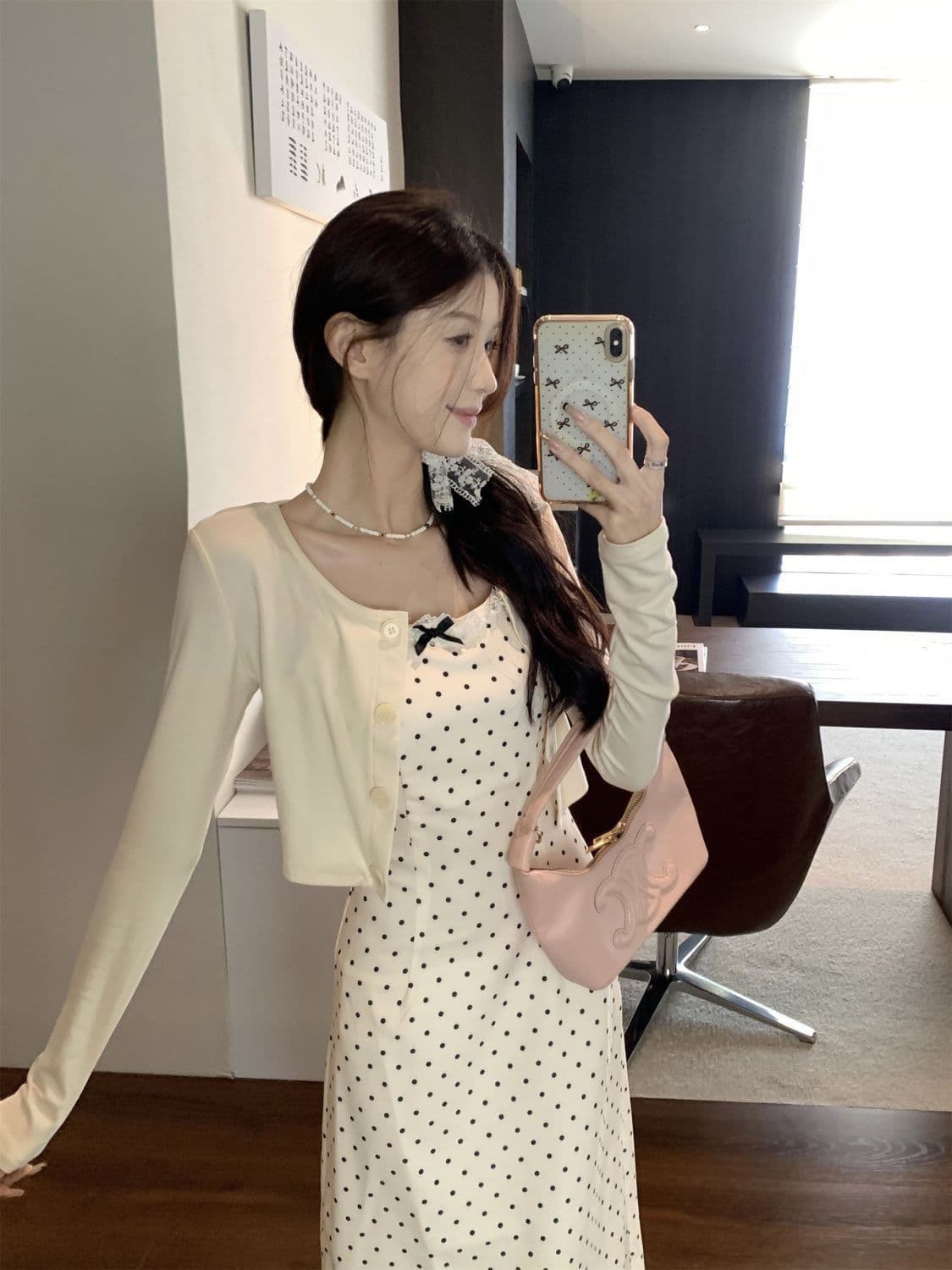 프랑스식 슬립 나비 매듭 도트 무늬 드레스 여름 2026 새로운 작은 키 품격 허리 수축 투피스 슈트 여성 상세 이미지 5