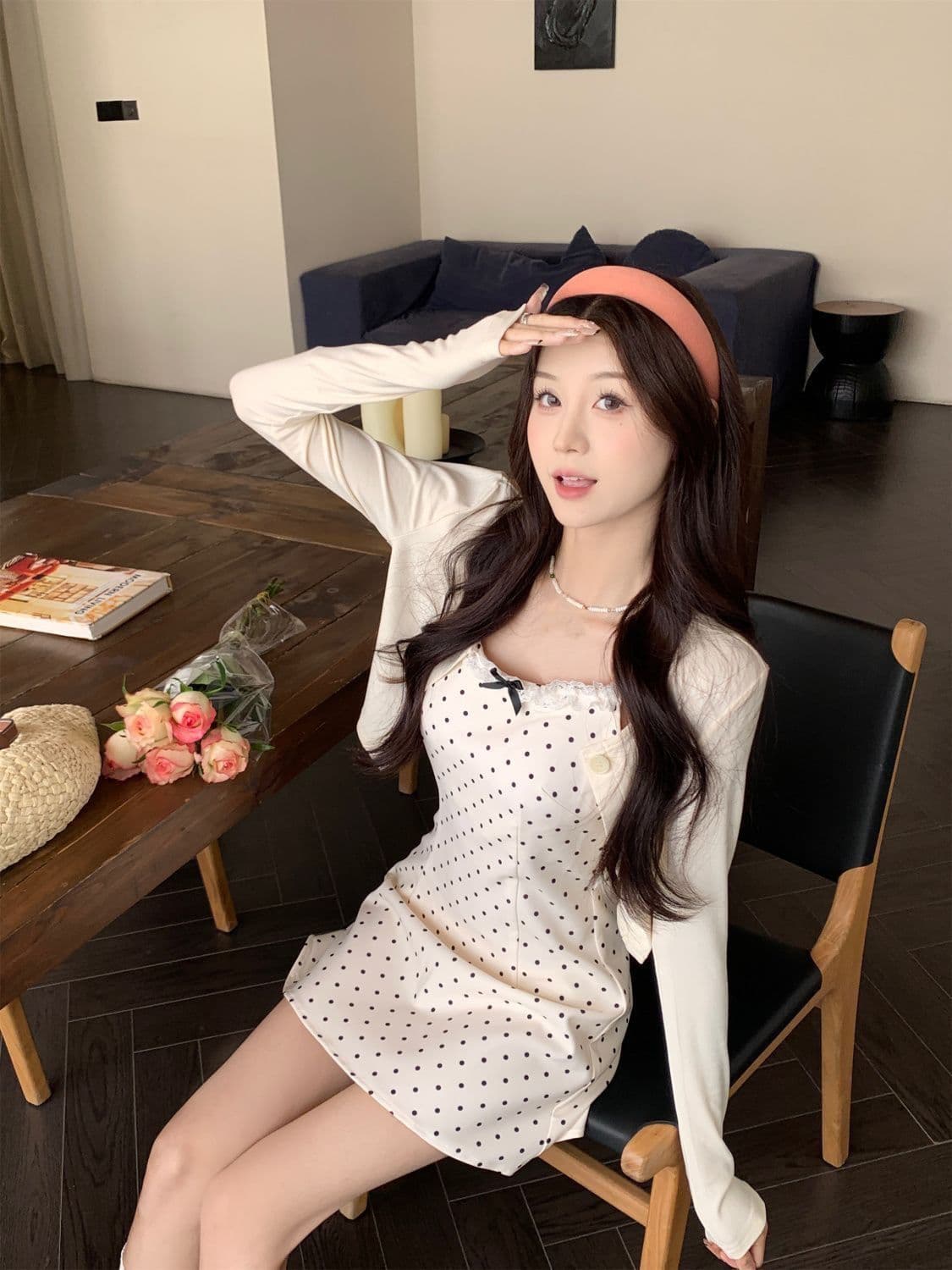 프랑스식 슬립 나비 매듭 도트 무늬 드레스 여름 2026 새로운 작은 키 품격 허리 수축 투피스 슈트 여성 상세 이미지 8