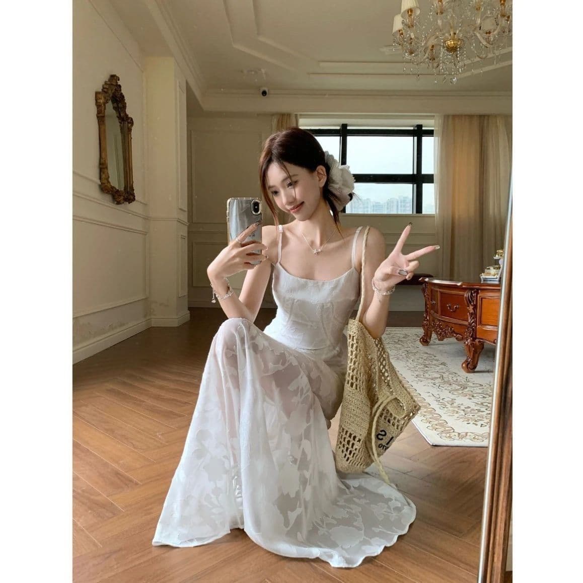 프랑스식 박하 녹색 레이스 슬립 여성 드레스 여름 품격 허리 수축 한 마디 치마 해변가 휴가 바람 롱 스커트 이미지 3