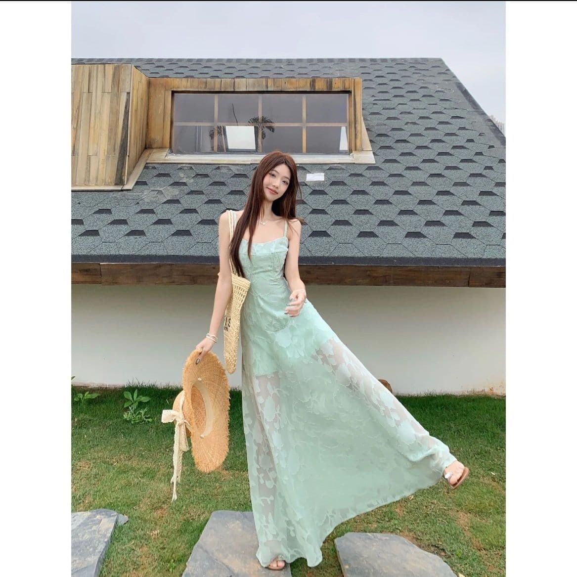 프랑스식 박하 녹색 레이스 슬립 여성 드레스 여름 품격 허리 수축 한 마디 치마 해변가 휴가 바람 롱 스커트 상세 이미지 3